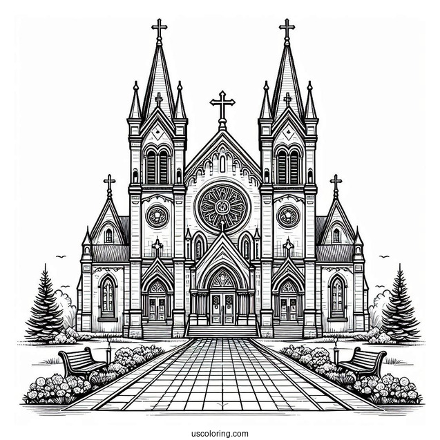 Large Catholic Church Coloring Page With A Walkway For Kids