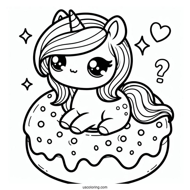 Kawaii Unicorn On A Donut Coloring Page