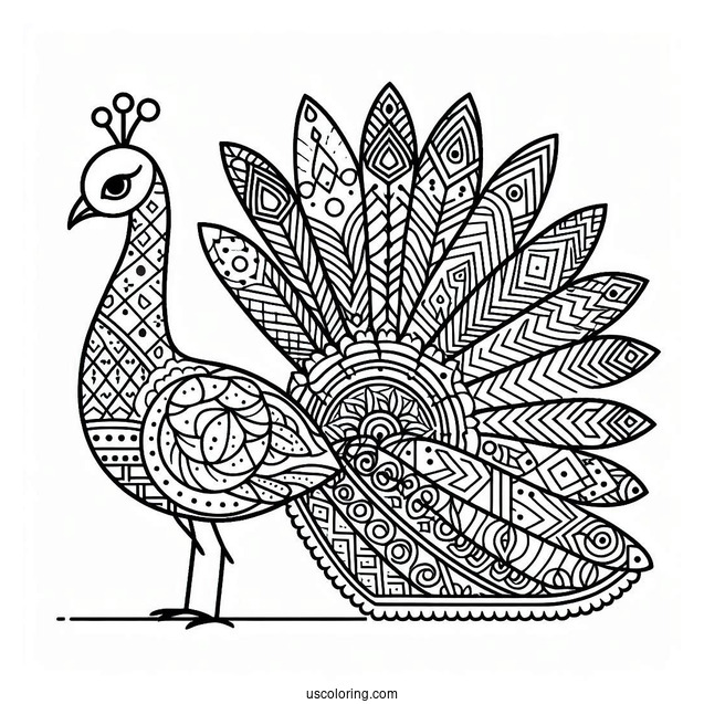 Geometric Peacock Coloring Page With Patterned Tail For Kids