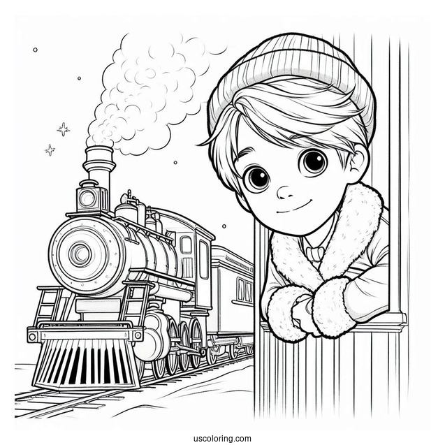 Hero Boy Peering Out Of Polar Express Coloring Page Of Train