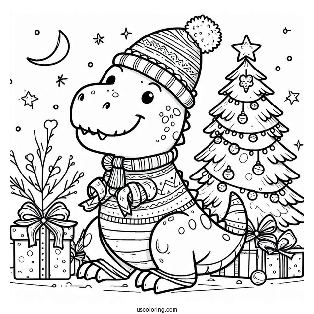 Cute Christmas Themed T-Rex Coloring Page
