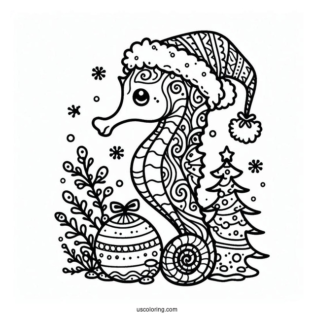 Christmas Themed Seahorse To Color