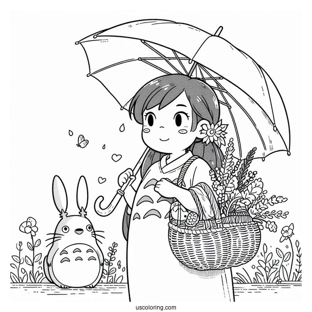 Studio Ghibli Coloring Page of My Neighbor Totoro Holding Umbrella For Kids