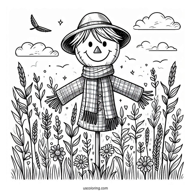 Smiling Scarecrow Coloring Page In The Field Wearing A Scarf