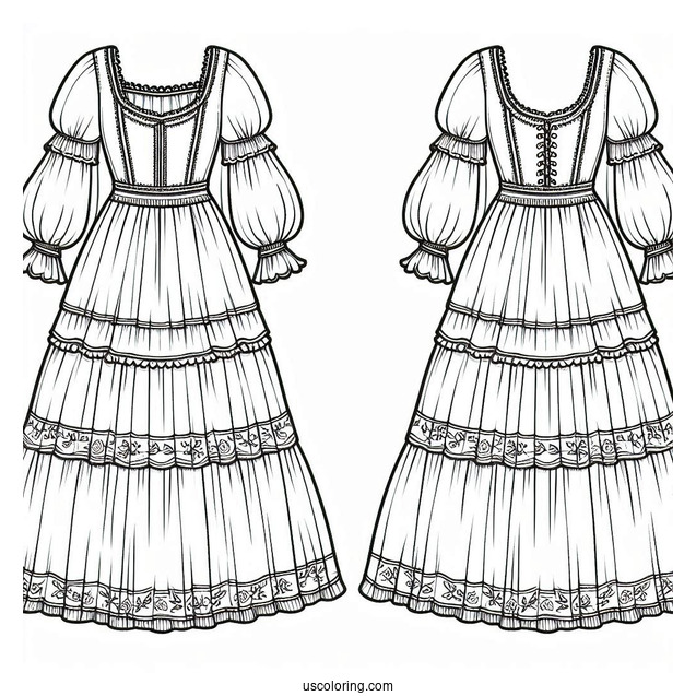 Long Dress Coloring Page With Puff Sleeves And Layered Skirt Coloring Page