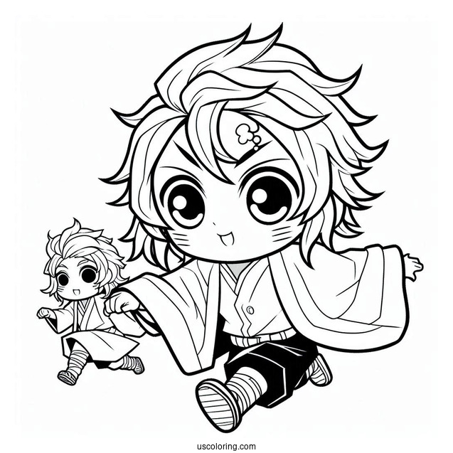Chibi Zenitsu Chasing Tanjiro Coloring Page For Kids