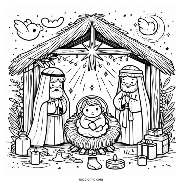 Nativity Coloring Page Of Cute Baby Jesus In The Manger For Kids