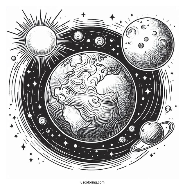 Realistic Earth With Sun And Moon In Outer Space Coloring Sheet